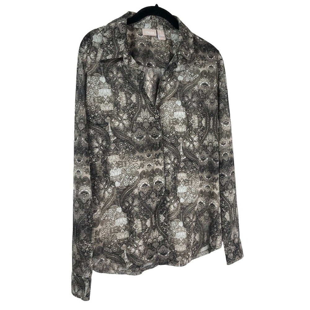 Chicos Mesh Damask Regency Art Print Long Sleeve Top blouse 1 M 6 8